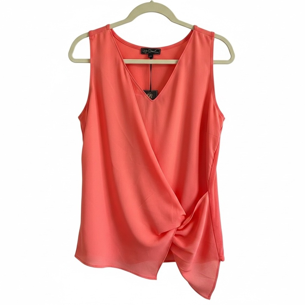 DG2 Diane Gilman Coral Faux Wrap Knot Front Sleeveless V-Neck Top Medium NEW